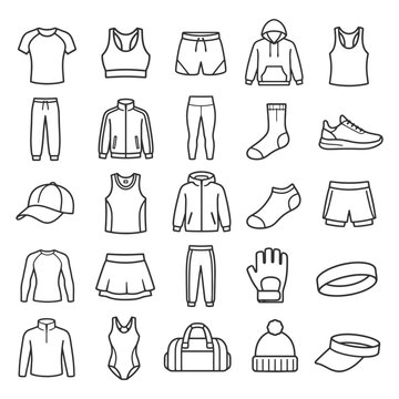 Outline icons of sports apparel and accessories.