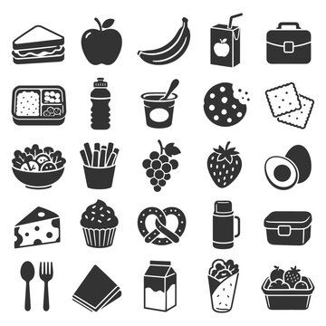 Assorted black and white food icons including fruits snacks and drinks.