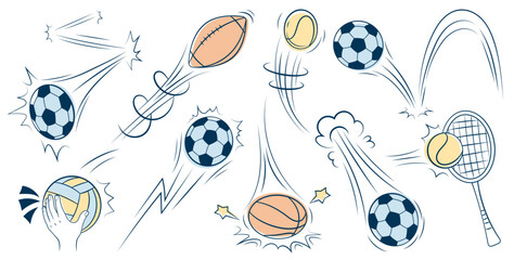 Fototapeta premium Soccer ball bounce movement with trail effect. Football icon in doodle style with sport action and motion. Hand drawn illustration with flying trajectory, speed lines and energy for kids design.