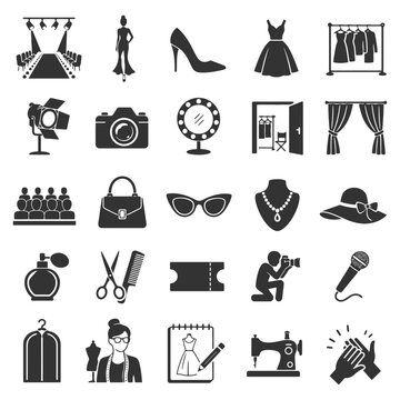 Fashion show icons: runway, accessories, camera, makeup, designer tools.