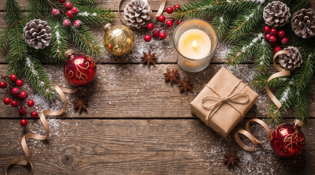 Festive Christmas flat lay with gift box, candle, pinecones and ornaments.