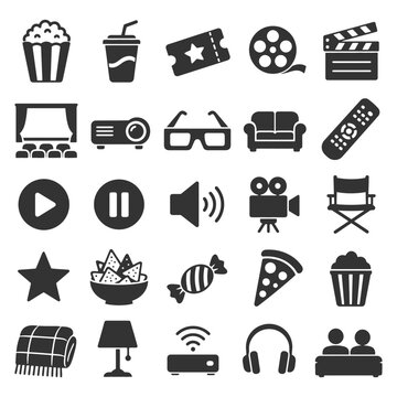 Cinema icons: popcorn, drinks, tickets, film reel, sofa, remote, projector, glasses, director chair.