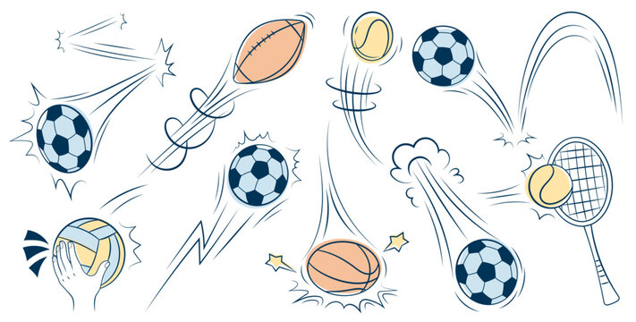 Soccer ball bounce movement with trail effect. Football icon in doodle style with sport action and motion. Hand drawn illustration with flying trajectory, speed lines and energy for kids design.