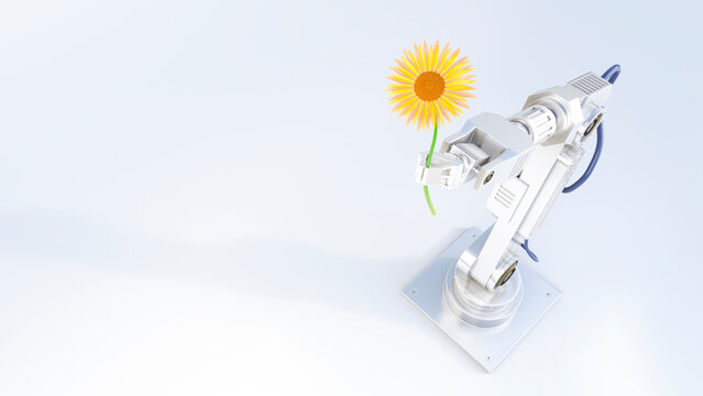 3D Rendering, robot arm holding yellow flower