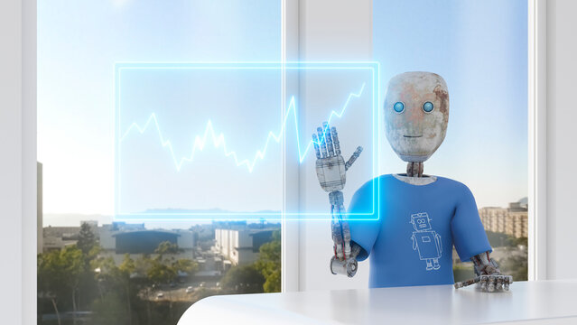 Robot using digital tocuscreen with graph, 3d rendering