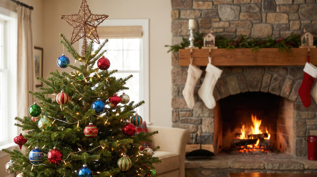 Festive Christmas tree and stone fireplace in cozy living room