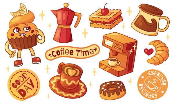 Retro sticker set with cute coffee cup and vintage vector illustrations. Cartoon mug designs with espresso, latte and cappuccino icons. Funky breakfast graphics with croissants and cozy elements.