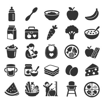 Baby and toddler nutrition icons: food, feeding, and growth symbols.