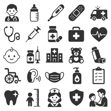 Healthcare icons set: medical, hospital, baby, heartbeat, mask symbols.