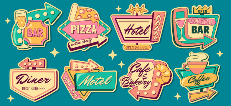 Vintage sign collection with retro diner arrows and motel badges. American roadside signage with neon cafe emblems, hotel labels and highway symbols in authentic 50s graphic style.