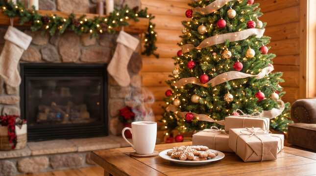 Cozy Christmas coffee cup and cookies with tree and fireplace background