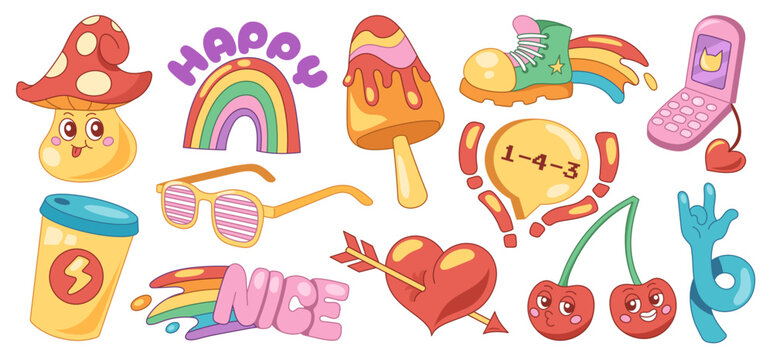 Groovy retro sticker pack with rainbow doodles and cute y2k aesthetic. Cartoon icons with hearts, cherries and funky ice cream. Trendy vintage collection with kawaii elements and colorful pop designs.