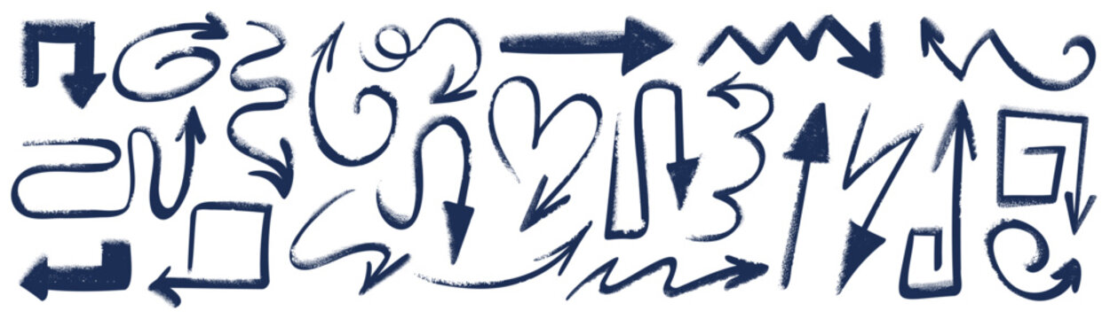 Hand drawn arrow pointers with crayon brush strokes and pencil line vectors. Chalk sketch doodles with grunge icons and pen overlays. Handwritten elements for school notes designs.