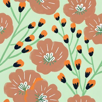 Seamless pattern with hand drawn brown flowers and orange buds on light green background
