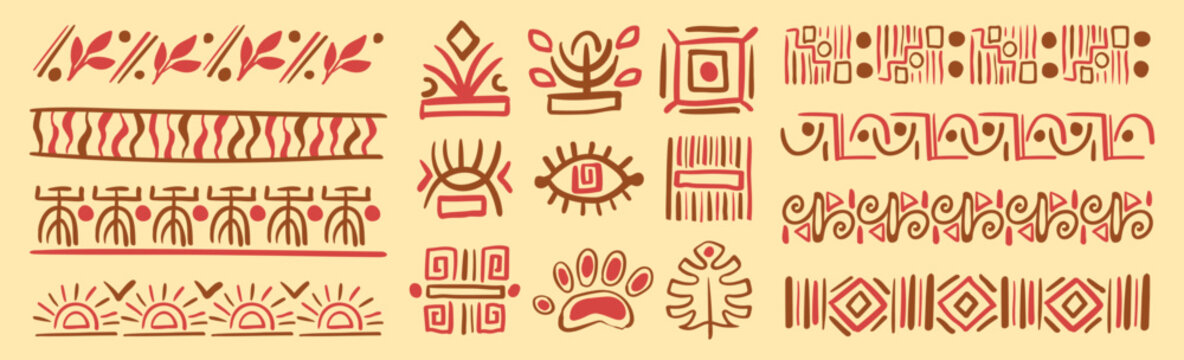 African doodle border patterns with ethnic geometric lines and seamless tribal elements. Hand drawn vector graphics with simple textures. Folk indigenous designs for decorative frames.