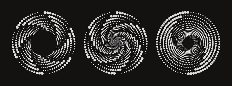 Halftone spiral tunnel pattern with dots and radial lines in hypnotic circular motion. Abstract vector background with modern geometric texture and gradient vortex swirl design element.
