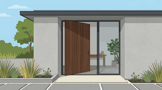 Modern Minimalist House Entrance with Open Wooden Door Concrete Walls and Beautiful Garden Landscape