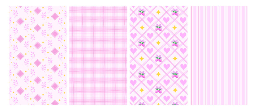 Floral gingham pattern with seamless cute print design, vector plaid stripes and spring wallpaper elements. Geometric lattice with pink vintage easter lace for coquette girly aesthetic.