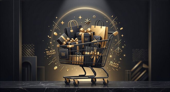 Black Friday Shopping Cart with Luxury Gift Boxes
