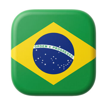 3d render of the brazil national flag icon, square glossy button with rounded corners, isolated on transparent background