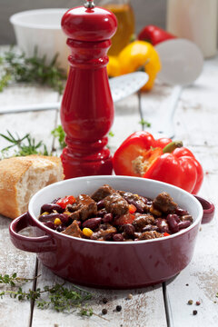 Chili con carne in pot, studio shot