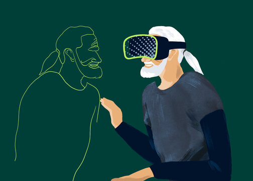 A senior man interacts with his digital avatar in the metaverse