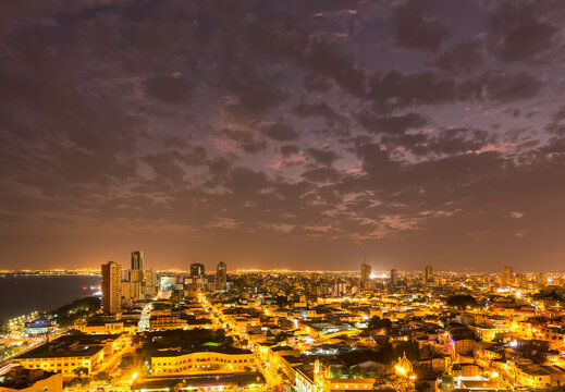 South America, Ecuador, Guayas Province, Guayaquil, Las Penas, Cerro Santa Ana, City view in the evening