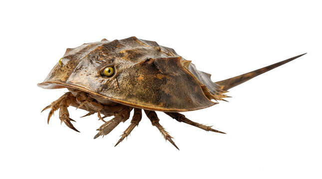Ancient horseshoe crab with spiky exoskeleton and yellow eye during studio lighting isolated on transparent background