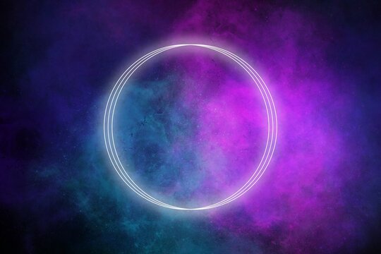 Glowing neon circle frame against a purple and blue cosmic nebula