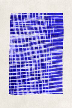 An abstract blue grid pattern covers the textured beige background