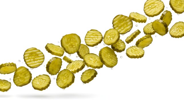 Flying pickle slices floating in air isolated on white background for food advertising.