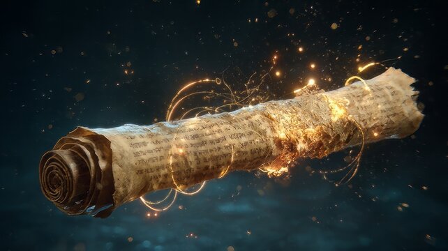 Ancient magic scroll with glowing golden particles. Mystical parchment roll with fantasy energy. Old paper manuscript with light effects.