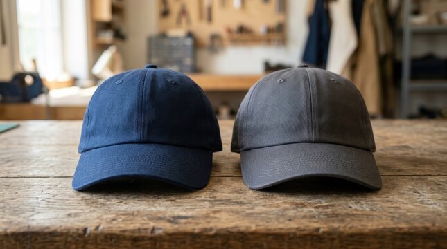 Two plain baseball caps in dark blue and grey colors displayed on a rustic wooden workbench inside a workshop