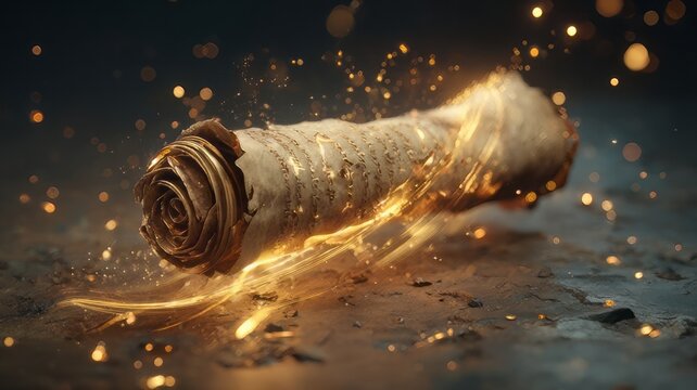 Ancient magic scroll with glowing golden sparks, mystical parchment paper roll, fantasy spell script with cinematic lighting