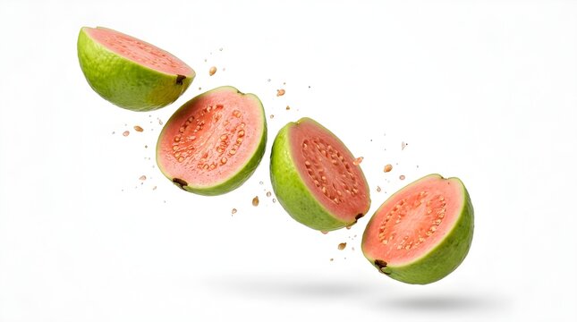 Fresh pink guava fruit halves floating in the air isolated on a white background