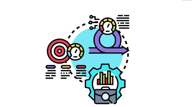 Key objective achieving business success with corporate strategy developing, planning, and managing project goals, showing target, progress indicators, iterative process, and financial results