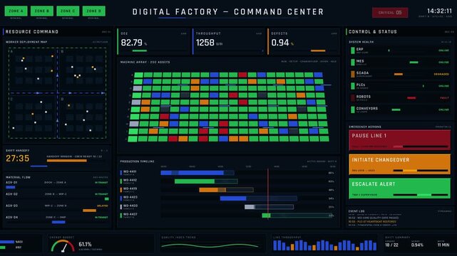 Ultra-modern 4K digital factory command center in portrait war-room layout with animated 3D machine grid, RAG status panels, and real-time KPI tracking.