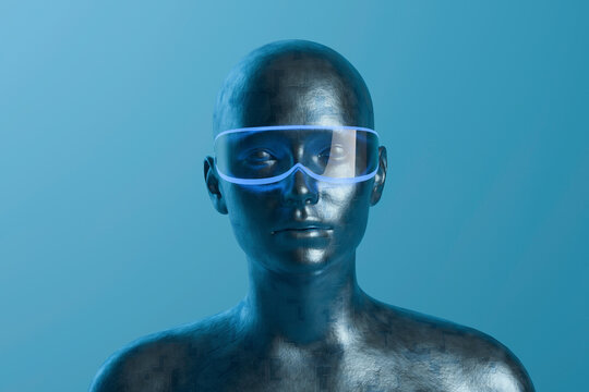 Metallic humanoid cyborg with glowing visor on blue background