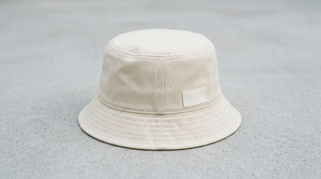 Minimalist Off-White Fabric Bucket Hat with Blank Label Detail on Concrete Background