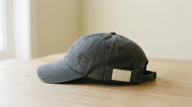 Charcoal Grey Baseball Cap with Small White Patch on a Light Wooden Table Surface