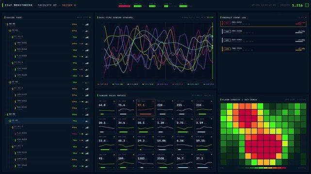 Dark-mode 4K Industrial IoT monitoring dashboard with real-time SCADA-style data visualization and anomaly alerts. professional stock footage for technology, business, and editorial use.