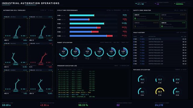 Real-time 4K dark-mode industrial automation dashboard displaying live robot performance metrics and safety diagnostics in a sleek technical interface.