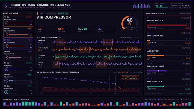 Dark-mode predictive maintenance dashboard in 4K displaying real-time machine health analytics with ECG waveforms, health score gauges, and AI-driven failure predictions.