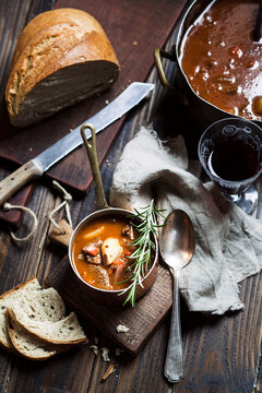 Goulash soup with Mediterranean herbs and potatoes