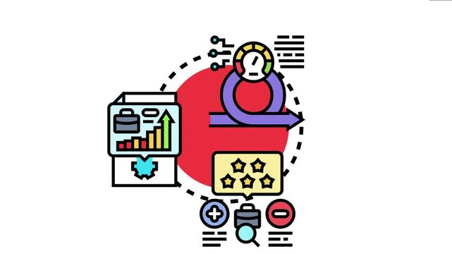 Vector depicting business key performance indicator concept, showing a speedometer, an iterative process, data analysis, goal setting, and rating for achieving strategic objectives