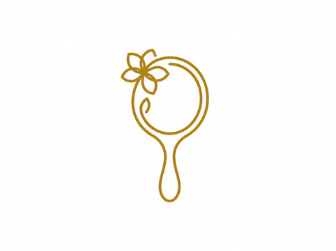 Gold line art vector logo of a hand mirror decorated with a floral blossom, perfect for beauty vanity brands, makeup artists, luxury skincare, vintage cosmetics, and spa parlors.