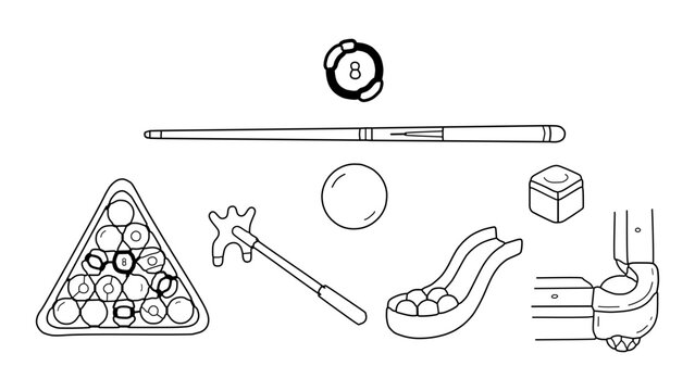 Billiards eight-ball hand drawn doodle set as a black and white vector illustration