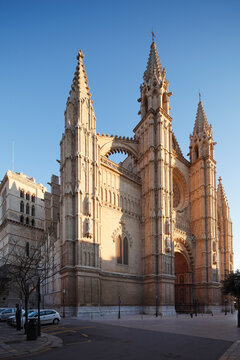 Spain, Balearic Islands, Majorca, Palma de Mallorca, Western facade of Cathedral La Seu