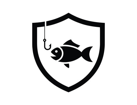 fish hook shield emblem, caught fish fishing logo symbol for angling clubs, outdoor recreation, sport and nautical branding vector design