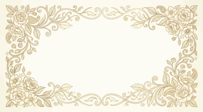 Vintage rectangular floral frame with detailed rose corners and ornate scrolling vines, elegant botanical border for wedding stationery, certificates, and formal event invitations